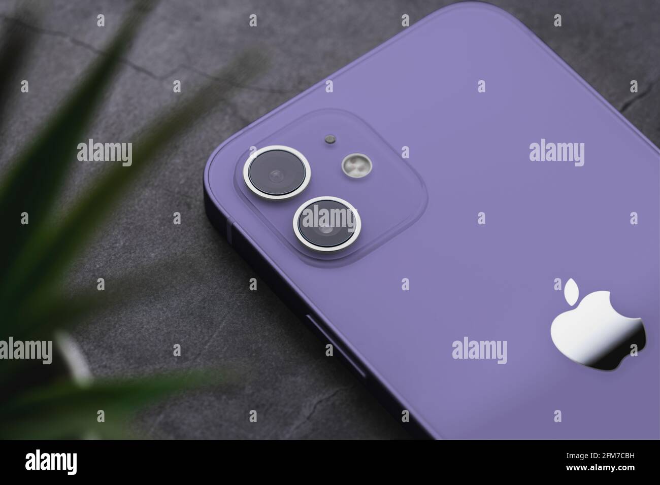 Antalya, Turkey - May 06, 2021: Back view of new iPhone 12 purple smartphone Stock Photo