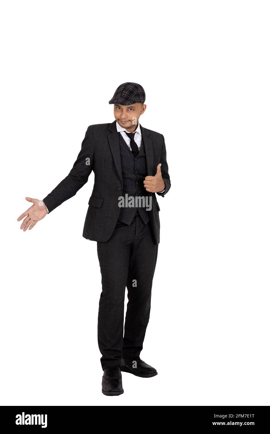 Asia businessmen presenting with excellent gestures isolated white.In ...