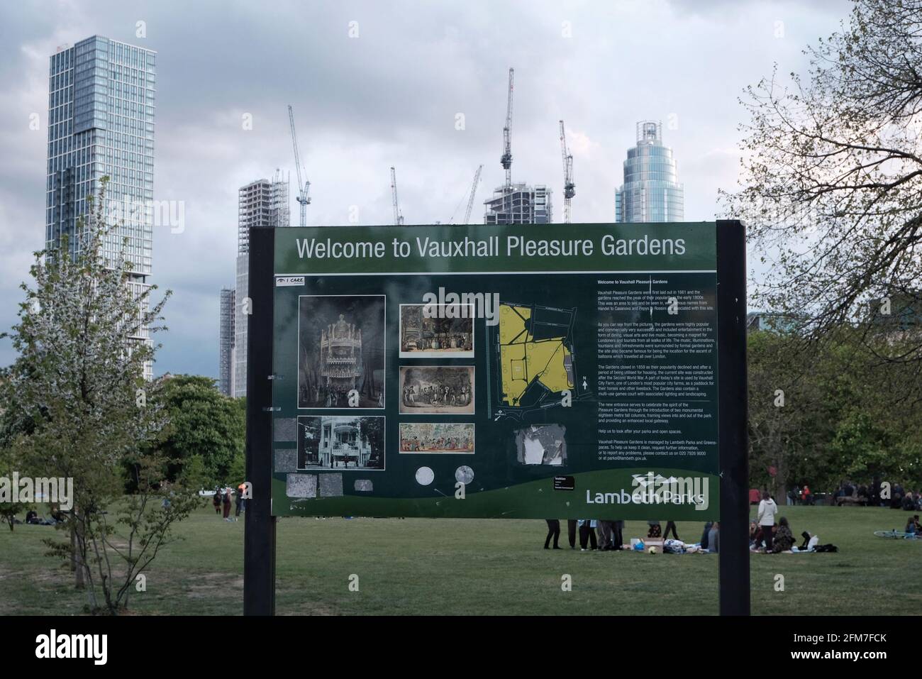 A sign at the entrance of Vauxhall Pleasure Gardens in south London, and referred to by diarest Samuel Pepys in 1662 Stock Photo
