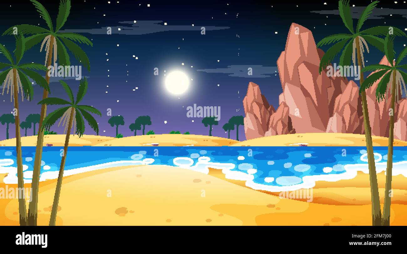 Tropical beach landscape at night scene illustration Stock Vector Image ...