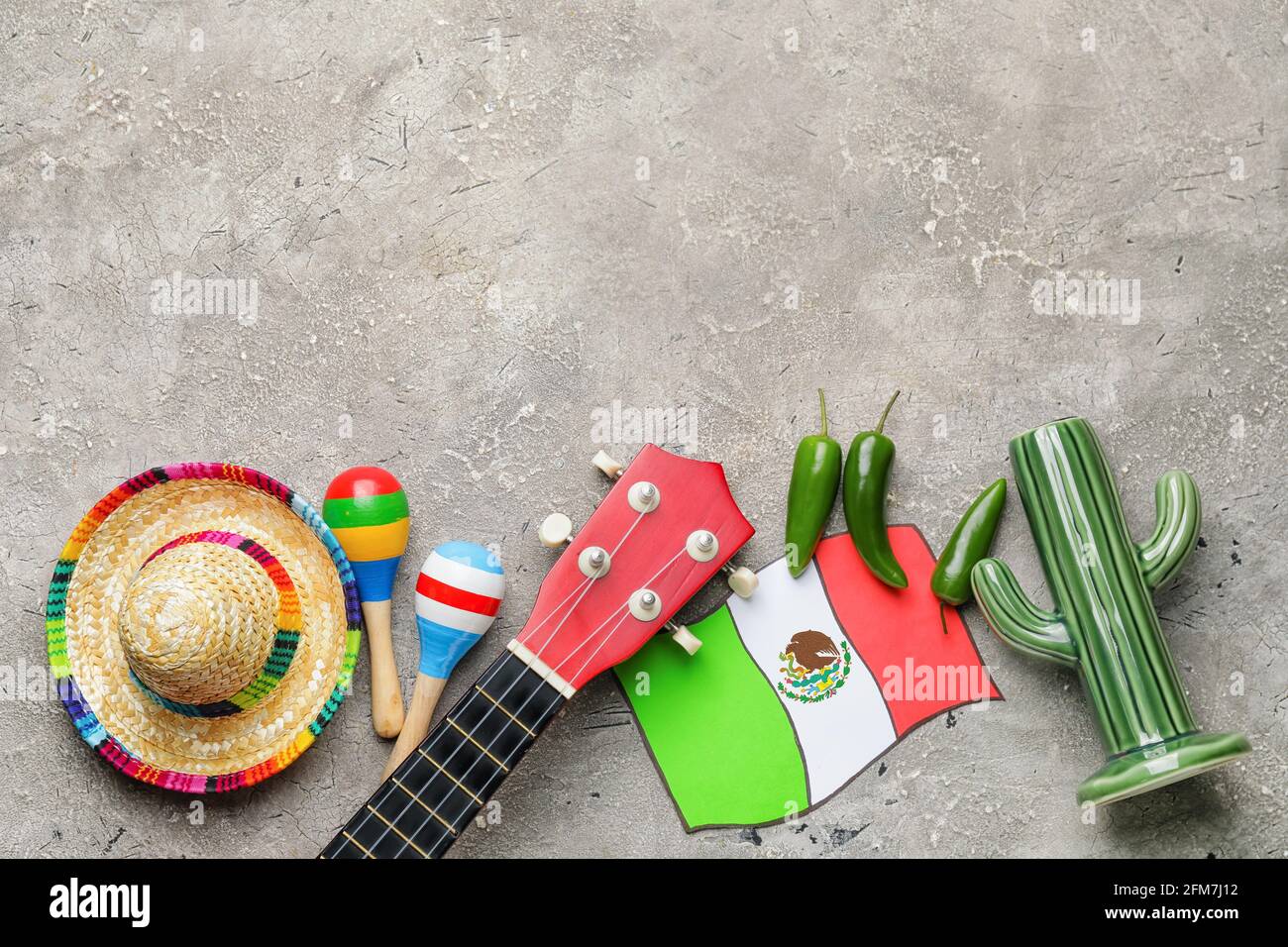 Sombrero hat with Mexican flag, maracas, guitar, cactus and chili ...