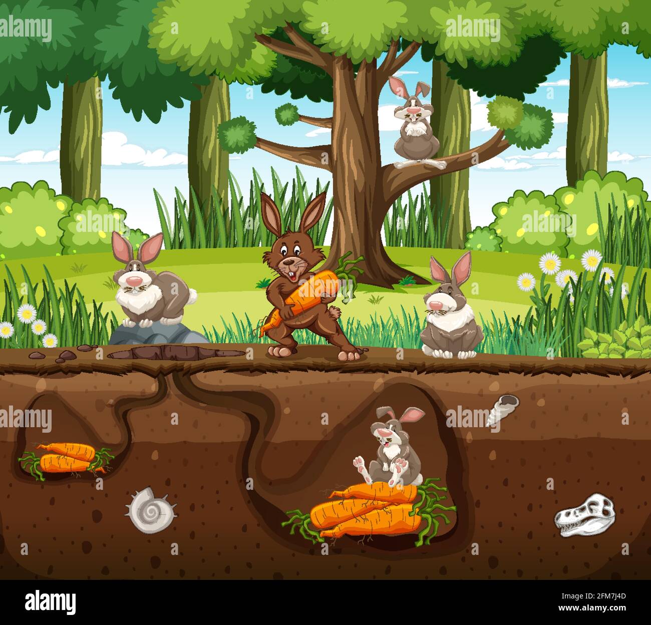 Underground animal burrow with rabbit family illustration Stock Vector