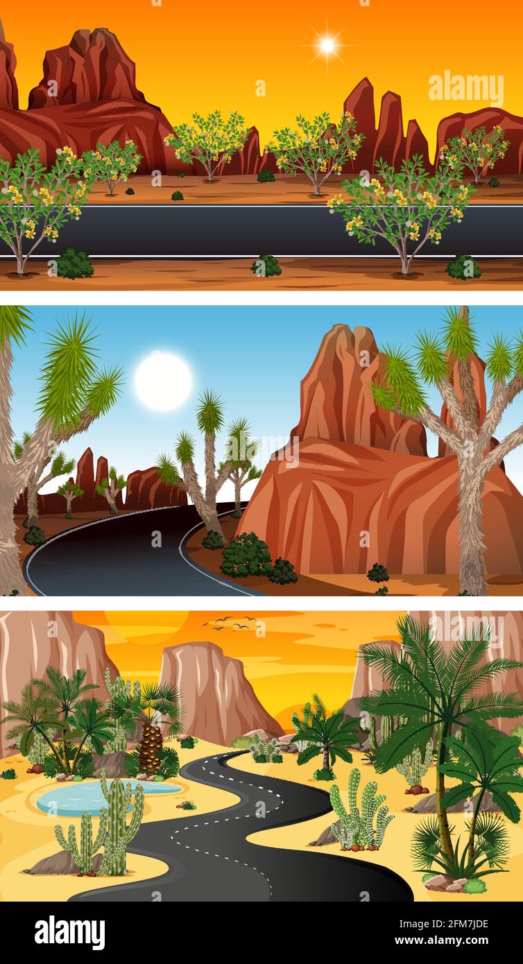 Three different nature horizontal scenes illustration Stock Vector