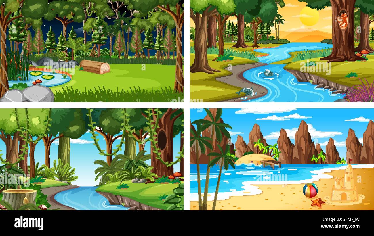 Four different nature horizontal scenes illustration Stock Vector