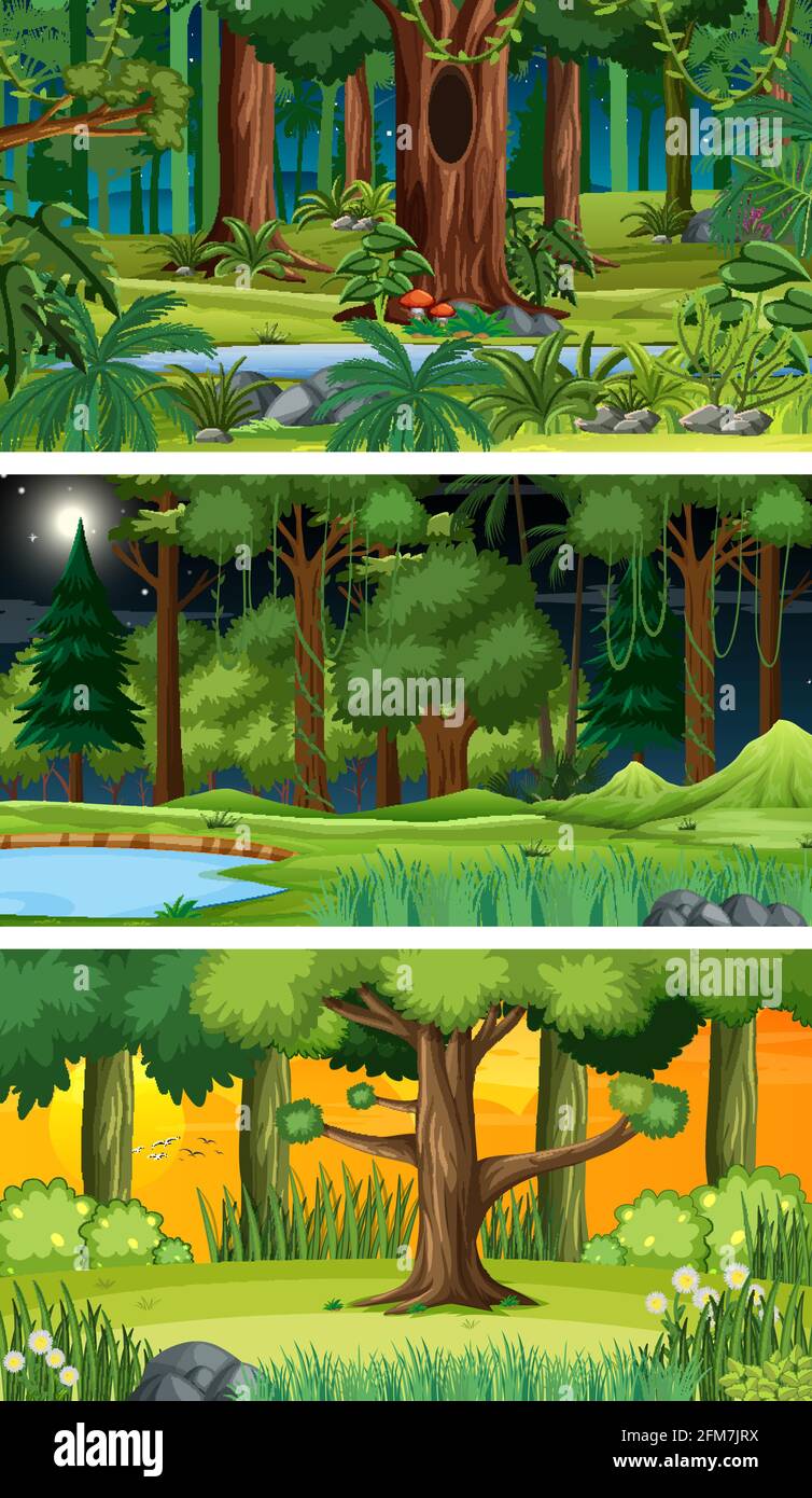 Three different nature horizontal scenes illustration Stock Vector