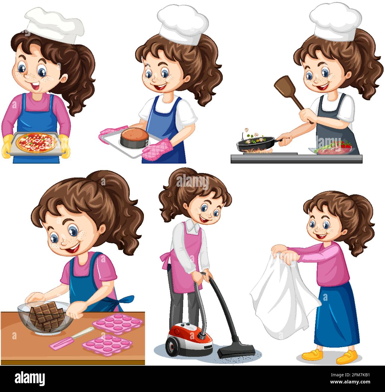 Set of a cute girl doing different activities illustration Stock Vector