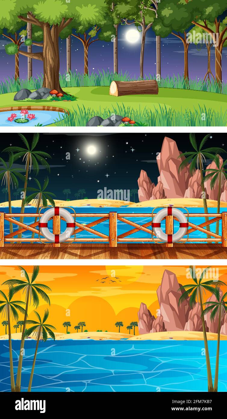 Three different nature horizontal scenes illustration Stock Vector
