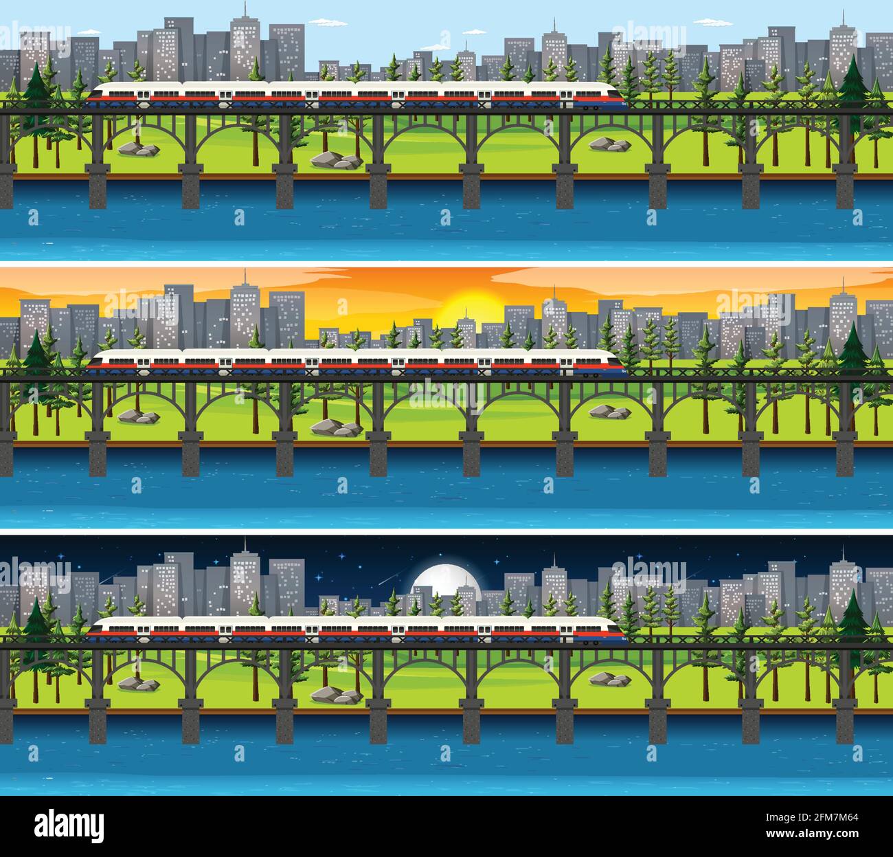 View of city in different time in a day illustration Stock Vector