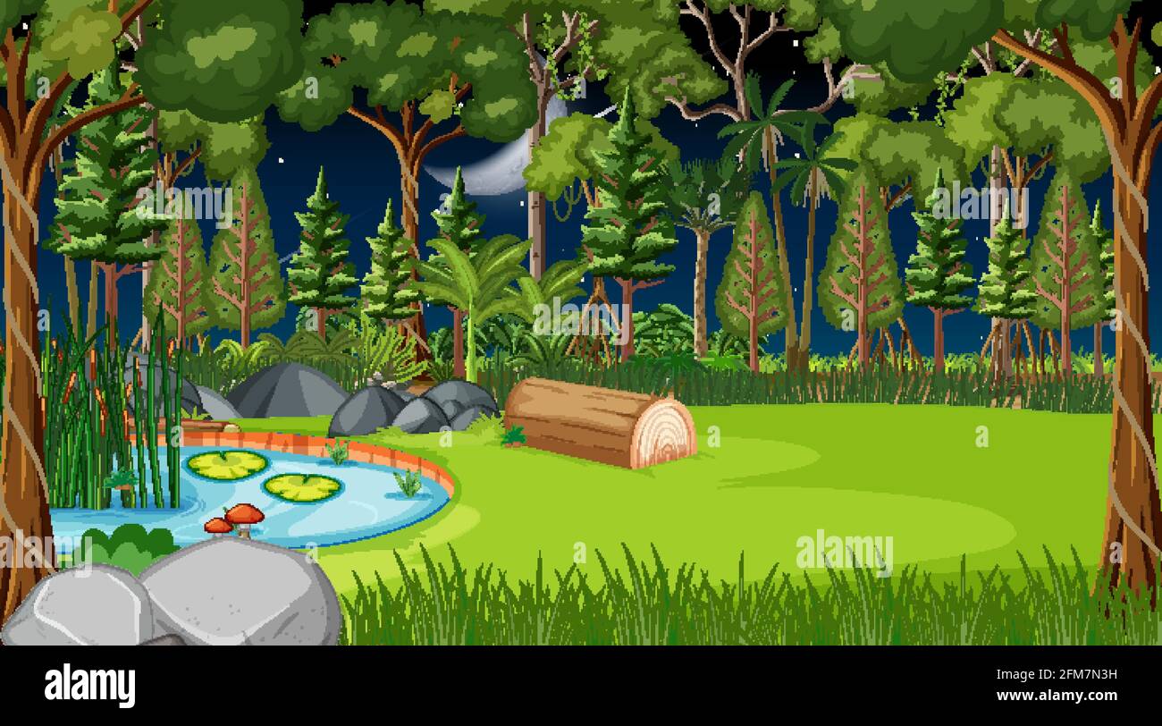 Forest landscape scene at night with many trees illustration Stock ...
