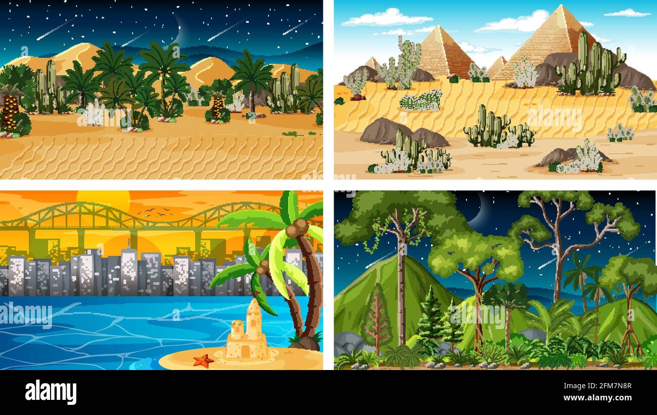 Four different nature horizontal scenes illustration Stock Vector
