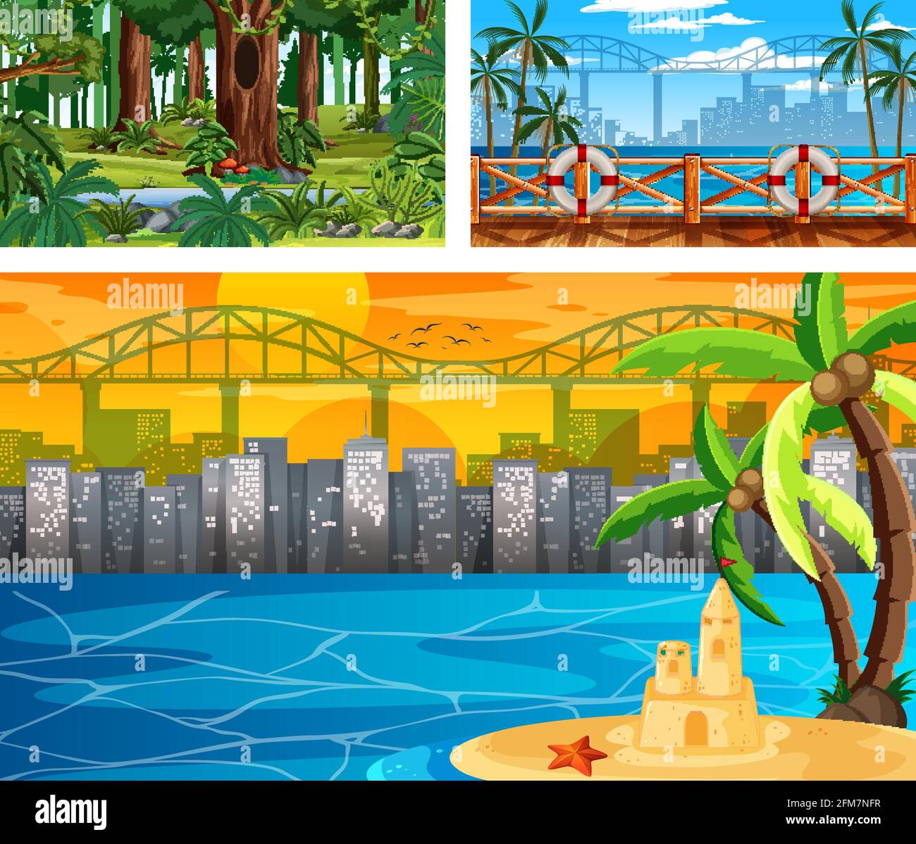 Three different nature horizontal scenes illustration Stock Vector