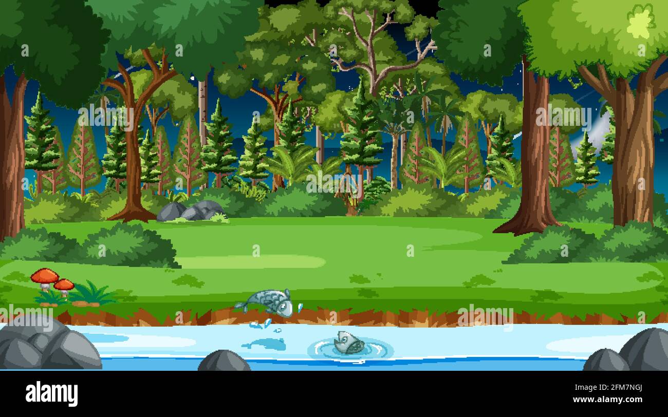 River flow through the forest scene at night illustration Stock Vector ...