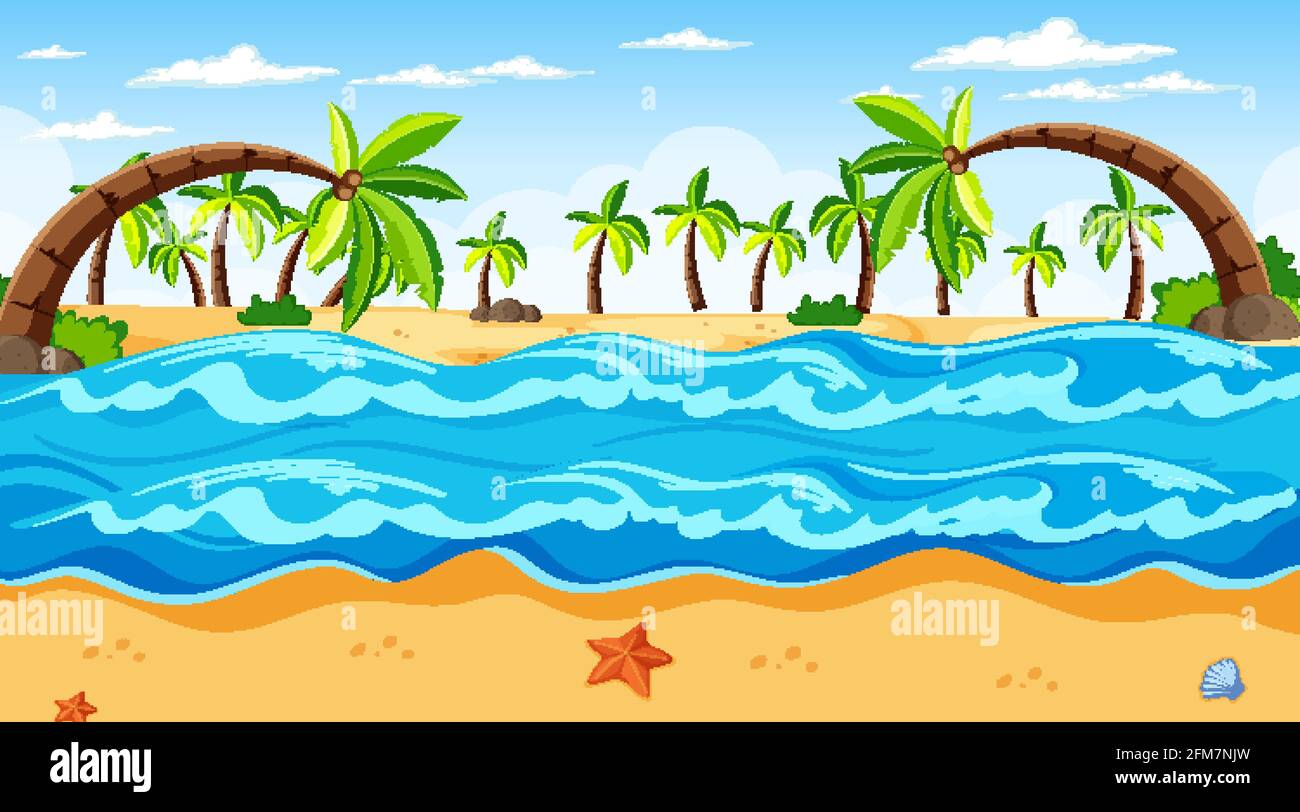 Tropical beach landscape scene with many palm trees at day time ...