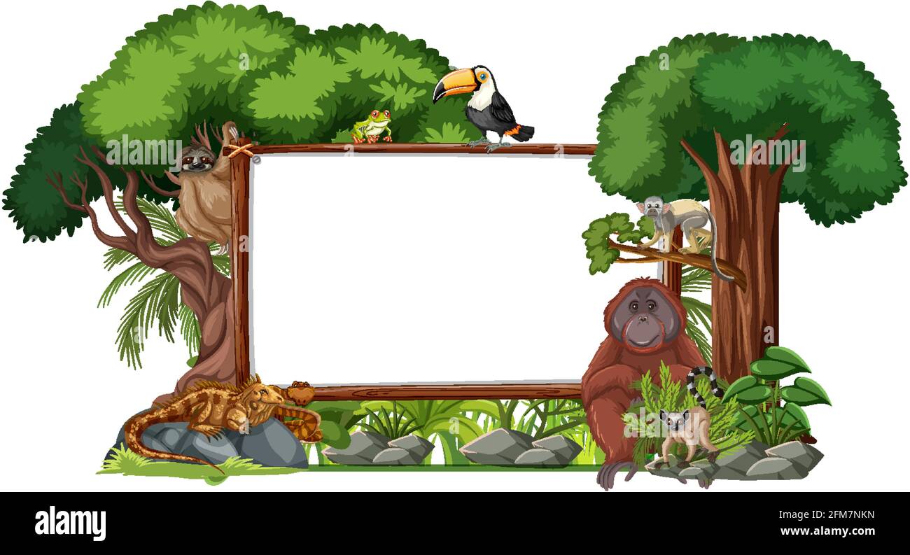 Empty banner with wild animals and rainforest trees on white background ...