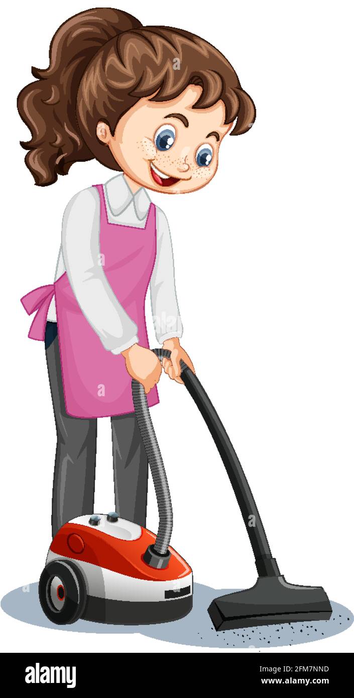 Maid cartoon character wearing uniform using vacuum cleaner ...