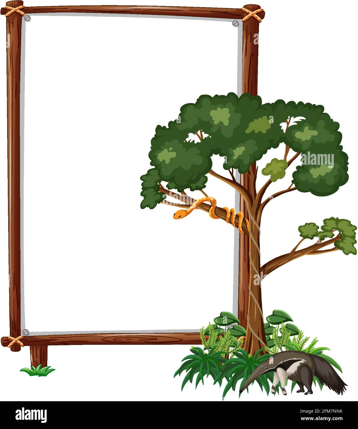 Empty banner with wild animals and rainforest trees on white background ...
