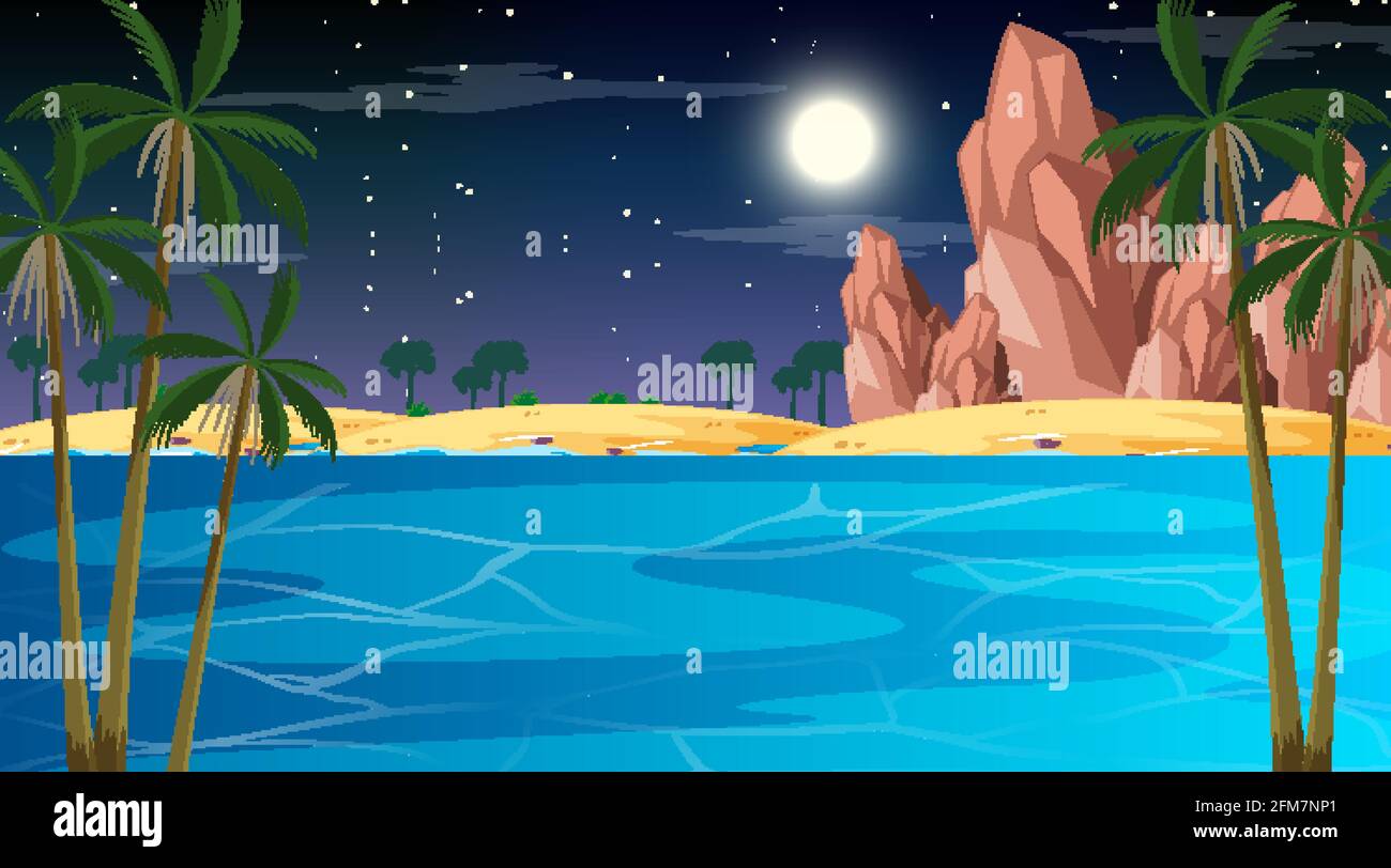 Tropical beach landscape scene at night illustration Stock Vector Image ...