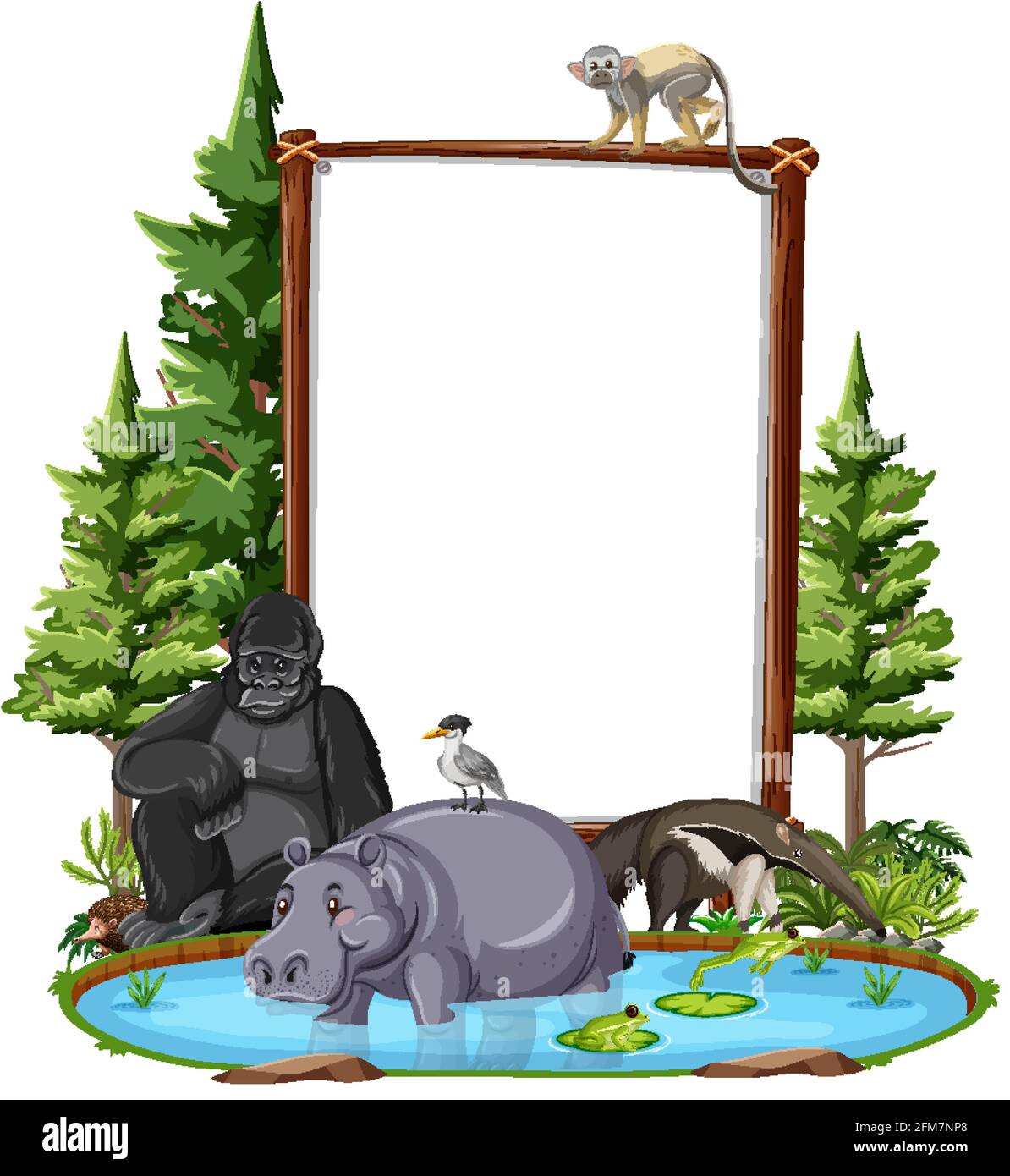 Empty banner with wild animals and rainforest trees on white background ...