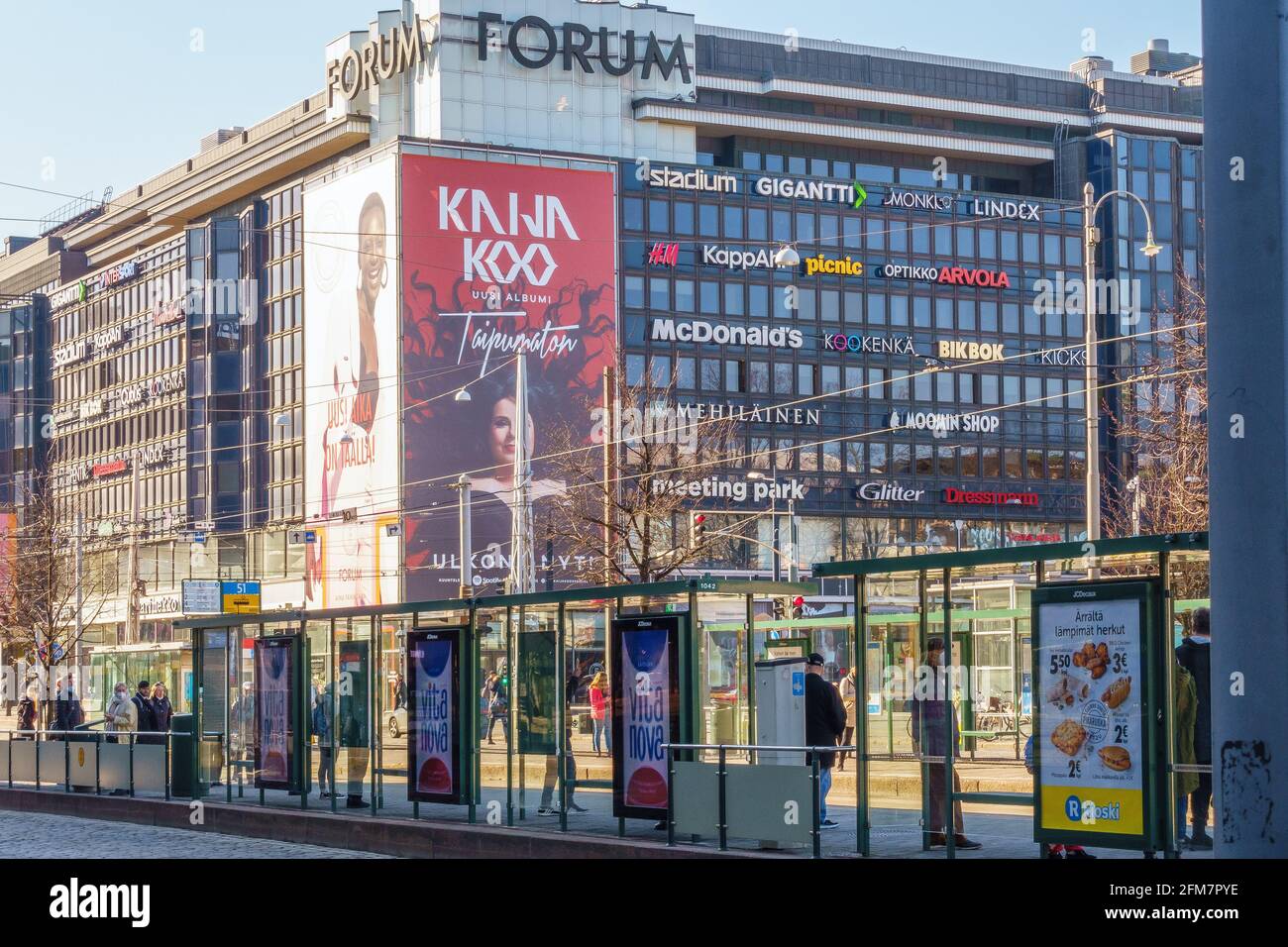 Lasipalatsi (glass palace) tram stop on Mannerheimintie street with Forum  shopping mall in the background in Helsinki Finland Stock Photo - Alamy