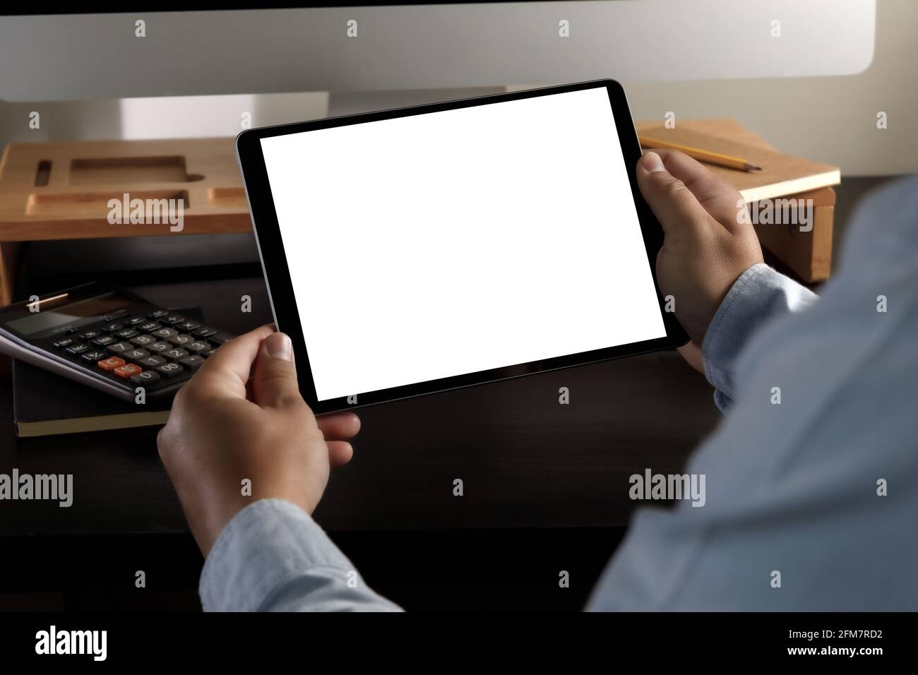 hands holding digital Mock up tablet touch screen device isolated ...
