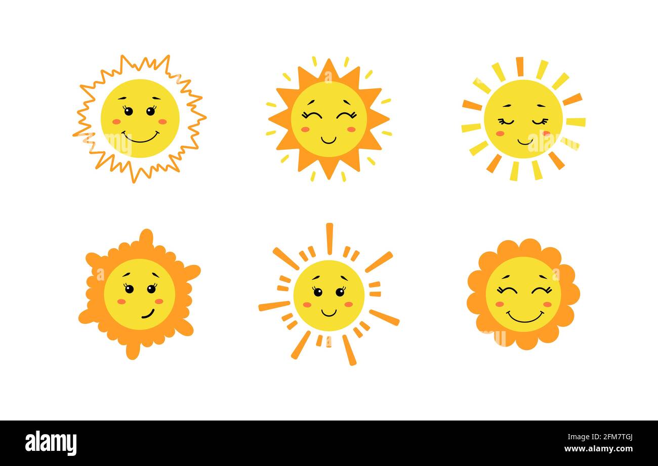 Set of cute hand drawn sun. Yellow funny suns with different emotions isolated on white background. Vector childish illustration in flat cartoon style Stock Vector