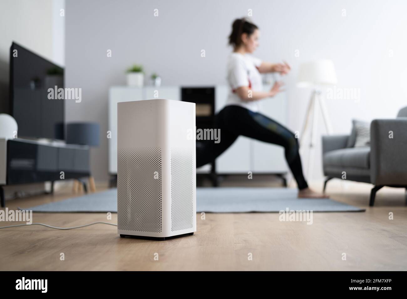 Young Woman Using Air Humidifier And Cleaner Stock Photo