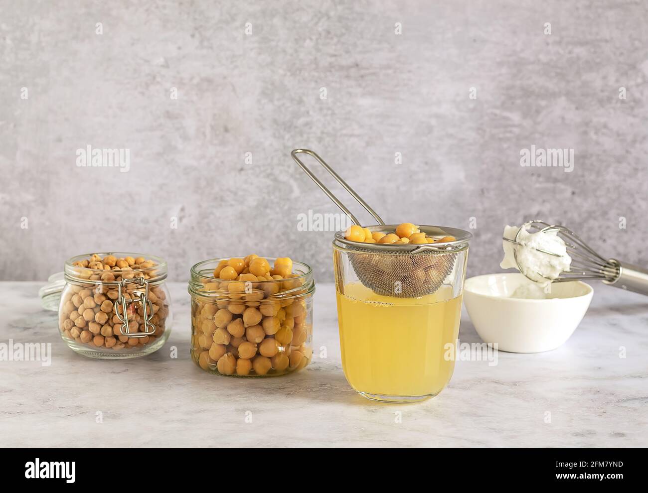 Canned chickpea aquafaba. Egg replacement and substitutes. Vegan