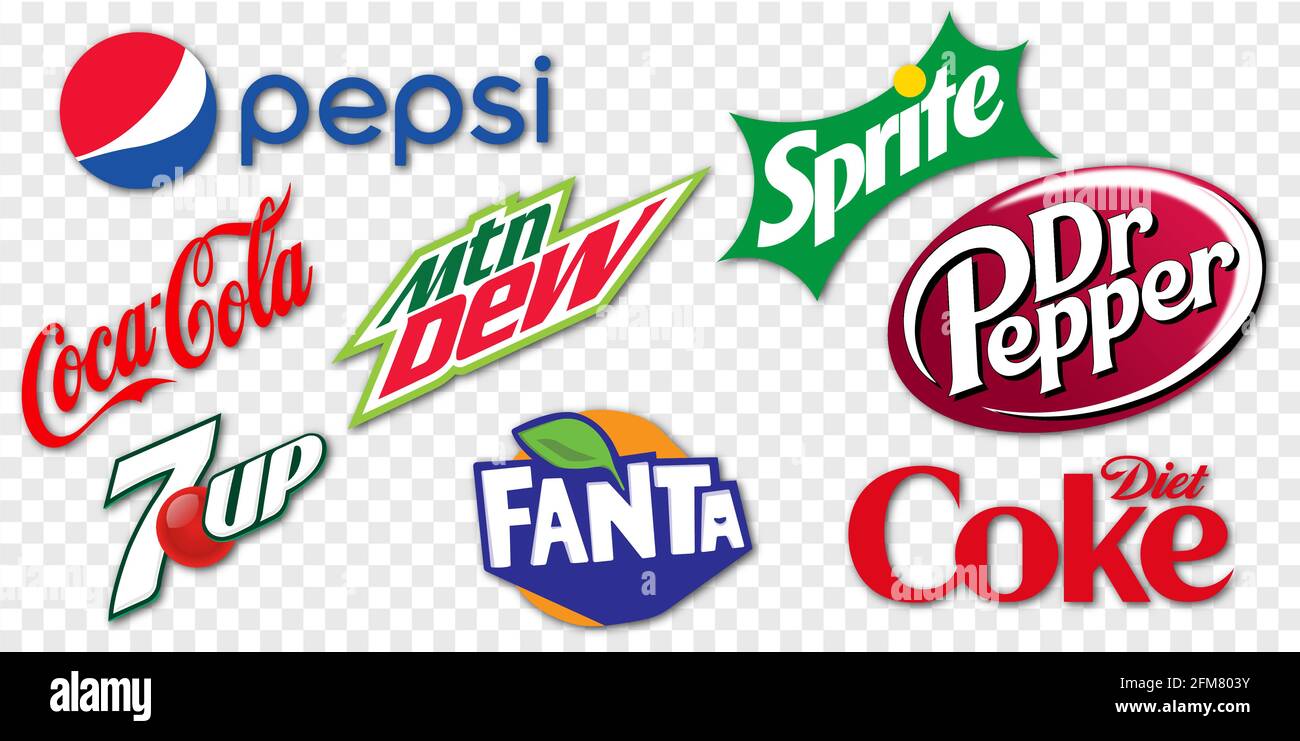 Vinnytsia, Ukraine - May 6, 2021: Set of 8 Soft Drinks: Pepsi, Coca-Cola, Sprite, Fanta, Dr Pepper, Diet Coke, Mountain Dew, 7UP. Vector logo isolated Stock Vector