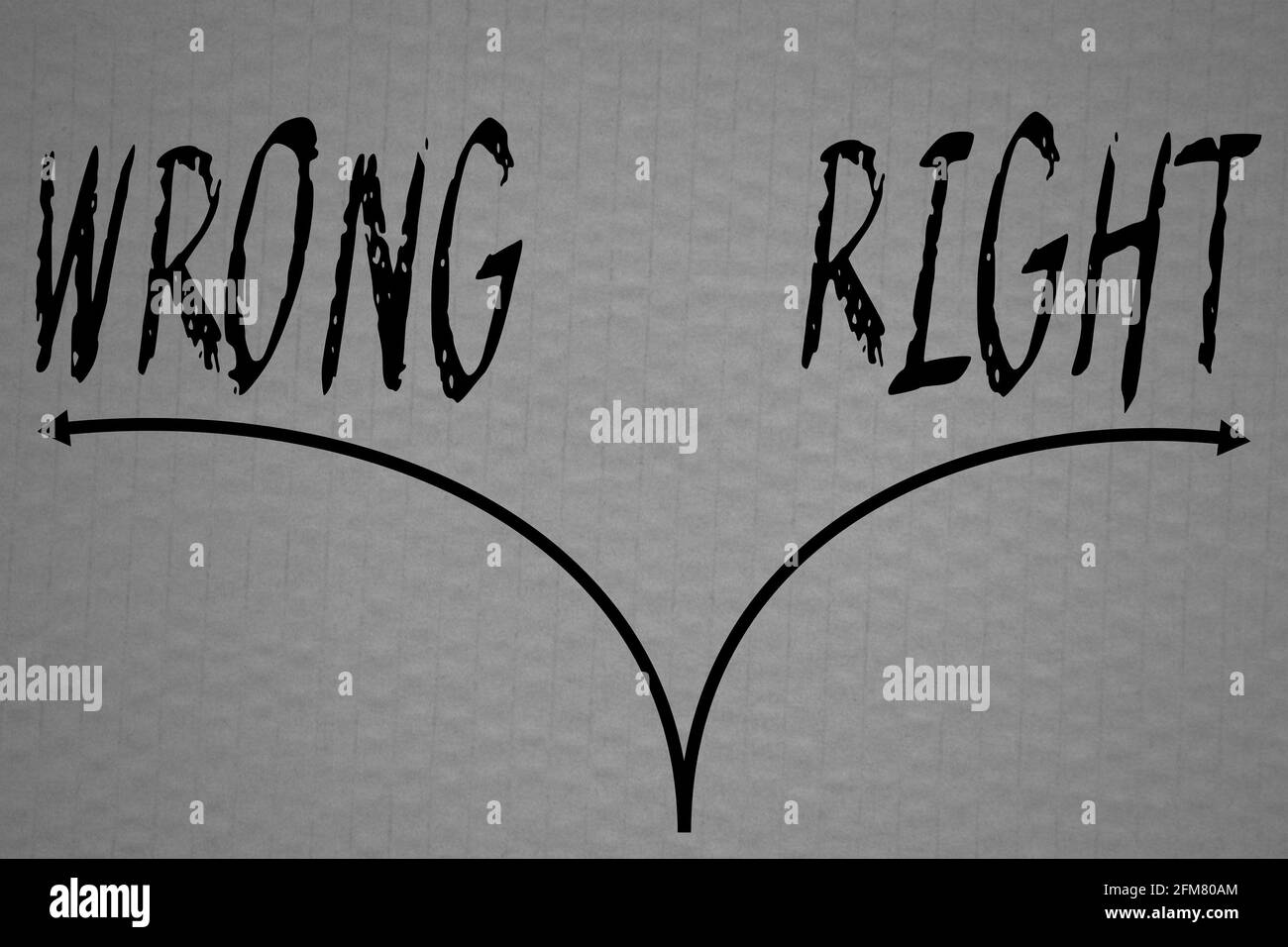 Wrong and right words with two opposite arrows on a cardboard background. Concept for business strategy, marketing, decirion makers, company presentat Stock Photo