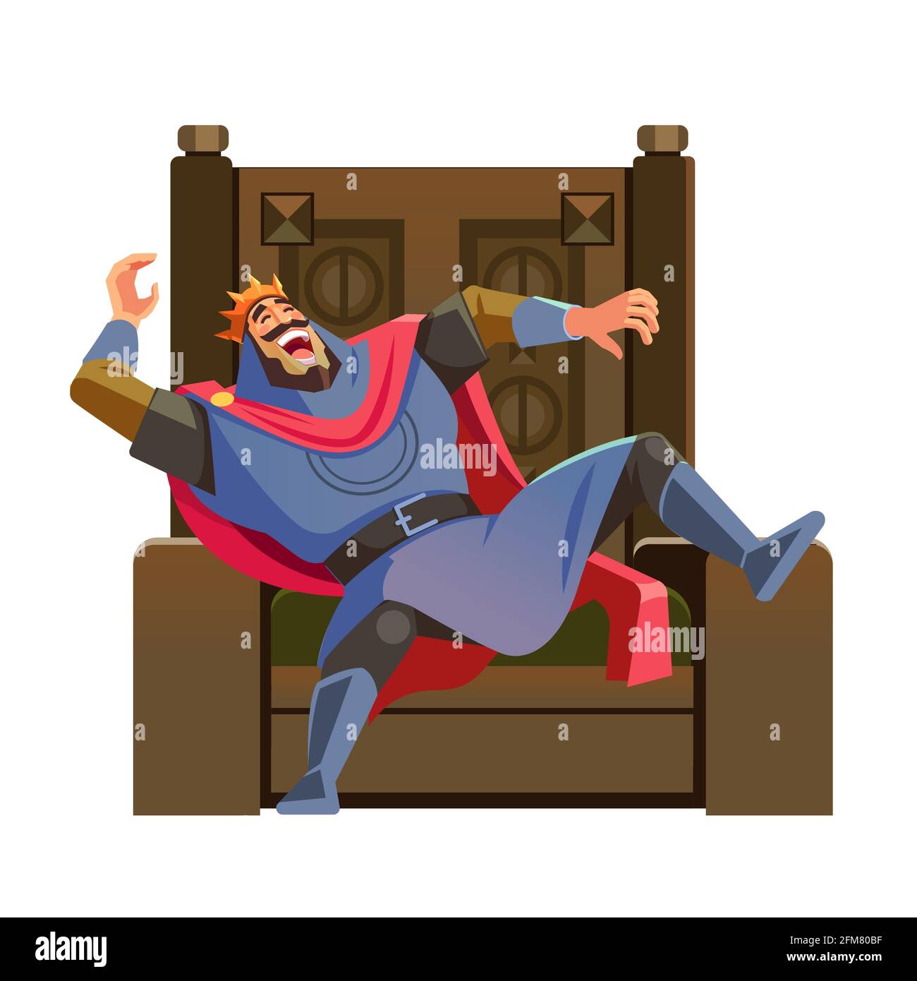 King laughing on the throne. Cartoon king character, wearing crown and mantle, cartoon vector illustration isolated in white background Stock Vector