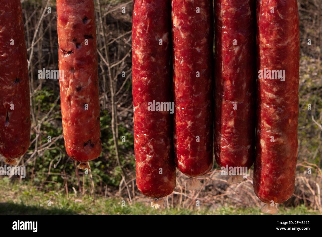 Few appetizing rustic homemade sausages hanging at the village fair trade tent Stock Photo