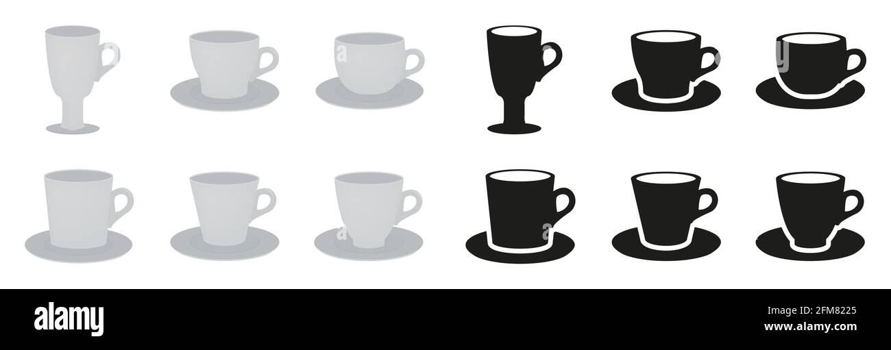 Set of cups and mugs in flat style and silhouettes. Vector illustration of drinking utensils. Stock Vector