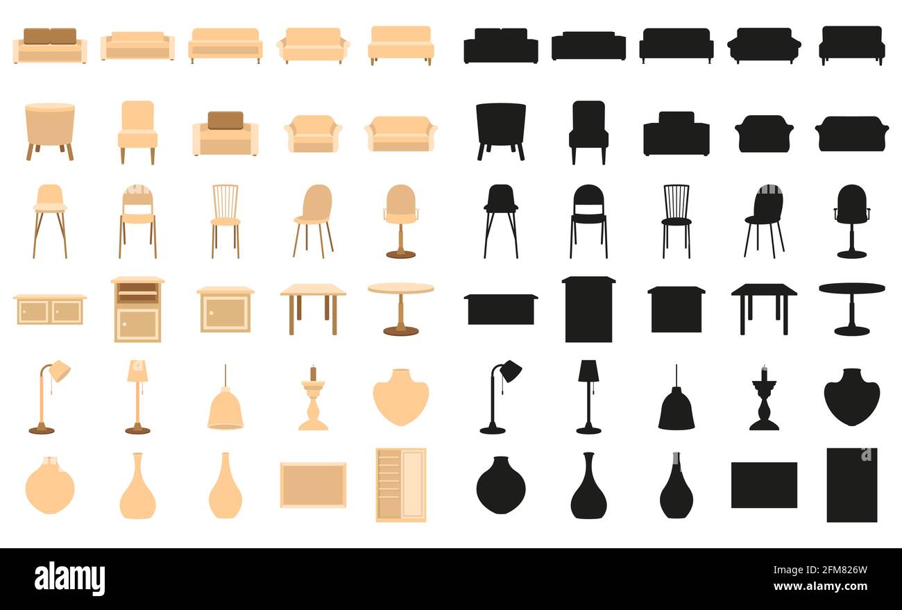 Interior elements in flat style and silhouettes. Vector illustration of ...