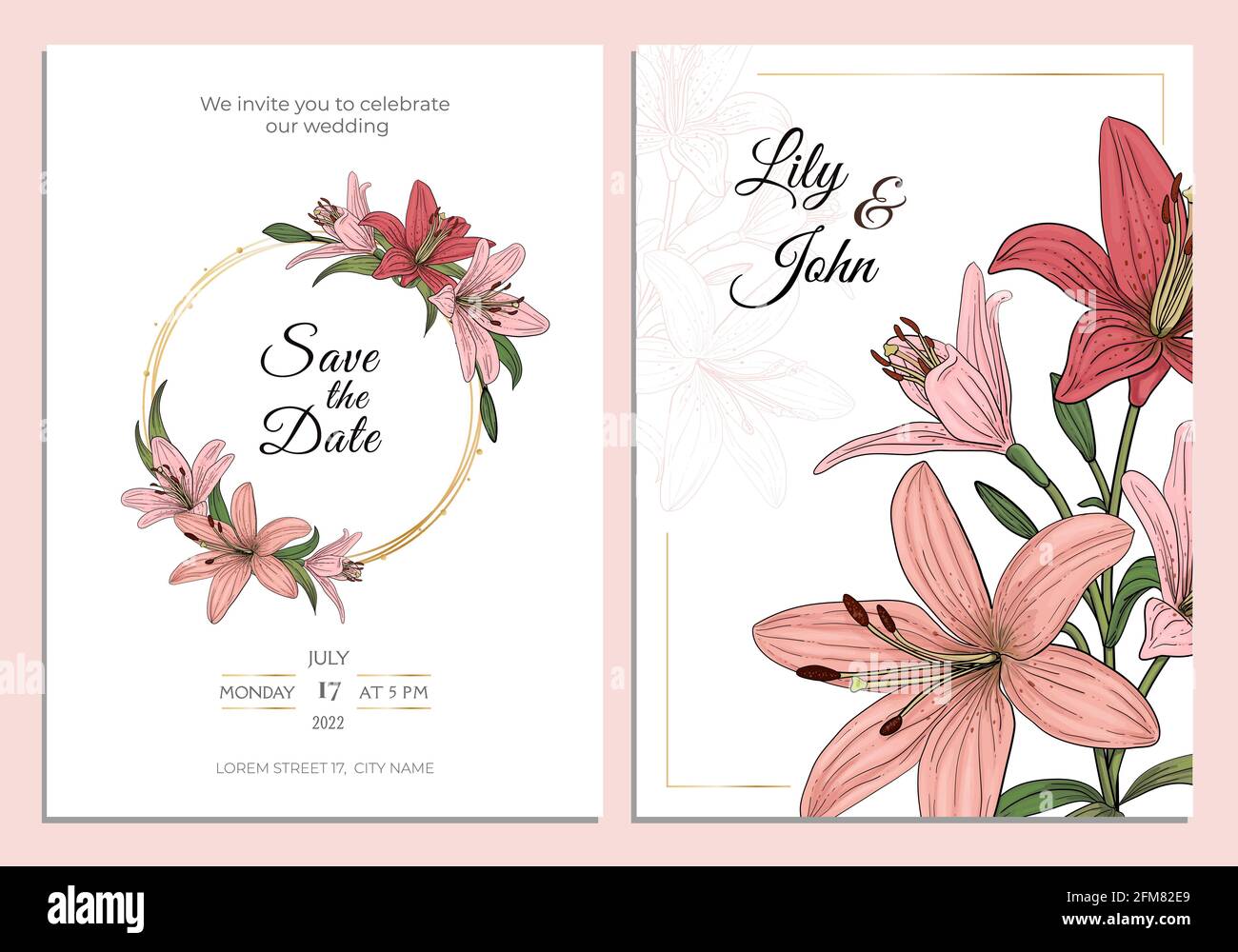 Pink lily wedding invitation card template design, lilies flowers, and leaves with gold frame vintage linear art sketch style vector illustration. Flow Stock Vector