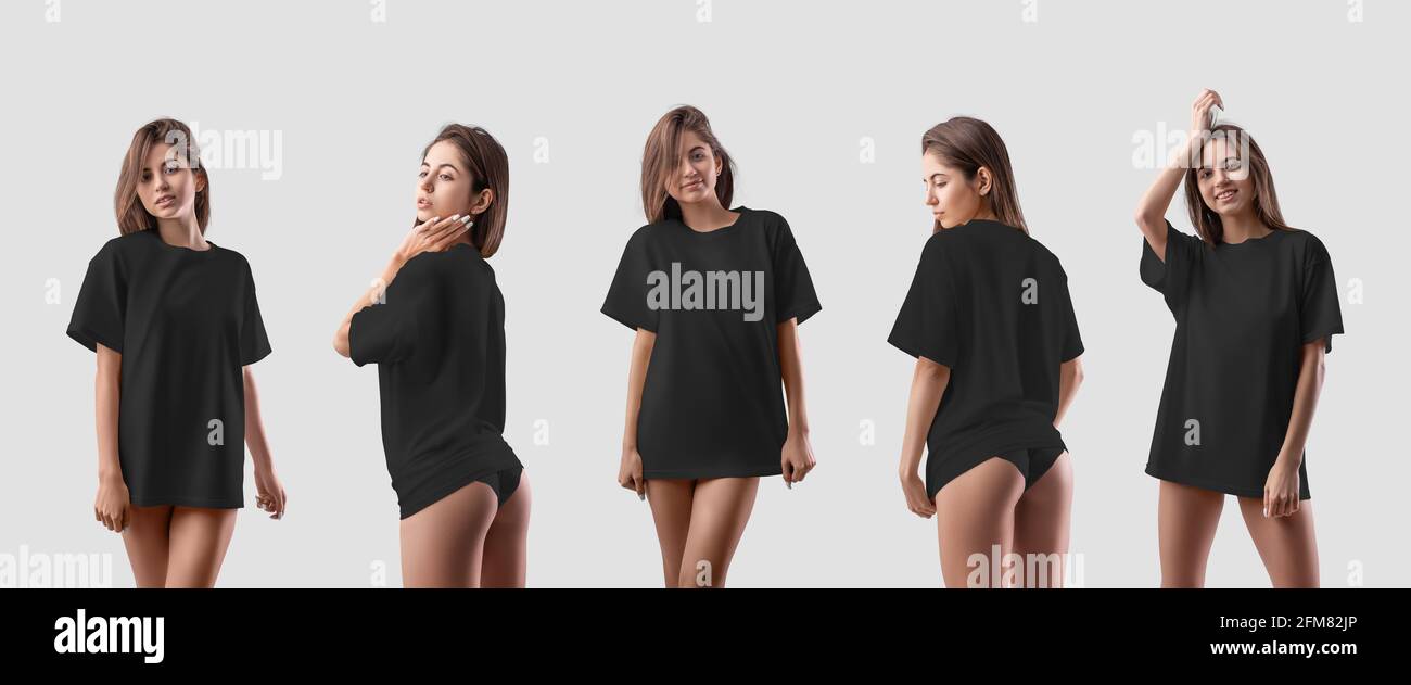 Mockup of a black oversized t-shirt on a sexy naked girl in panties,  isolated on background in the studio. Fashion womens clothing template for  design Stock Photo - Alamy