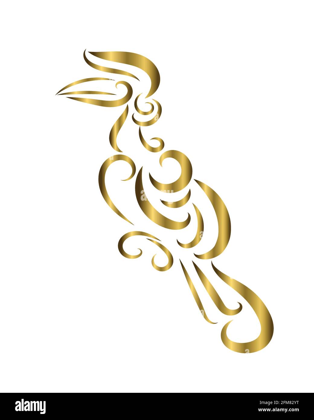 Gold Line art vector logo of hornbill that is hanging on a branch. Stock Vector