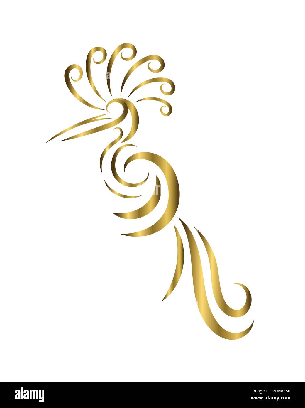 Gold Line art vector logo of abstract bird that is hanging on a branch. Stock Vector