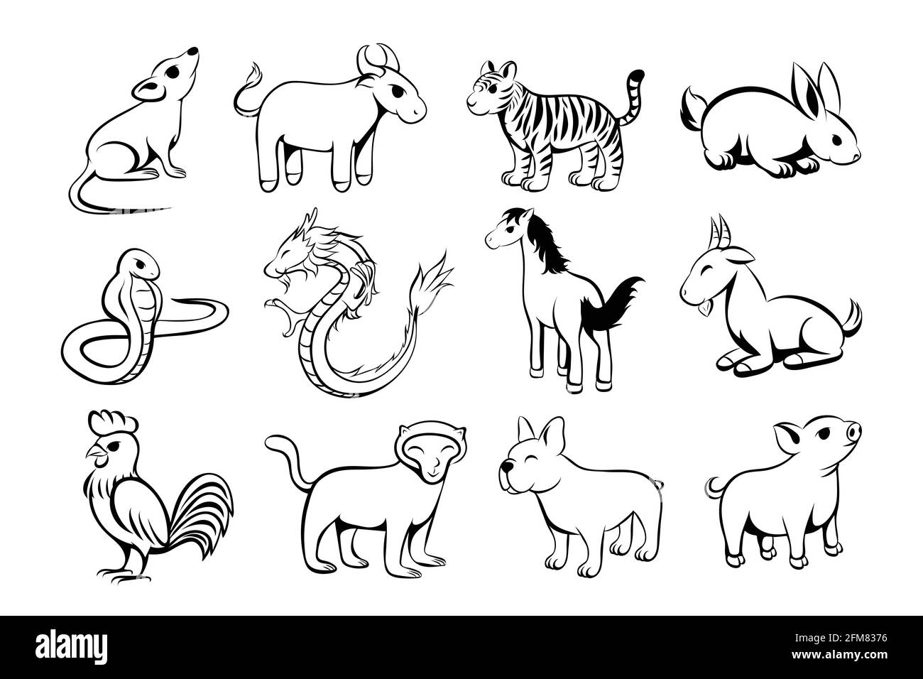 Set of twelve lunar zodiac horoscope symbol. Concept chinese happy new