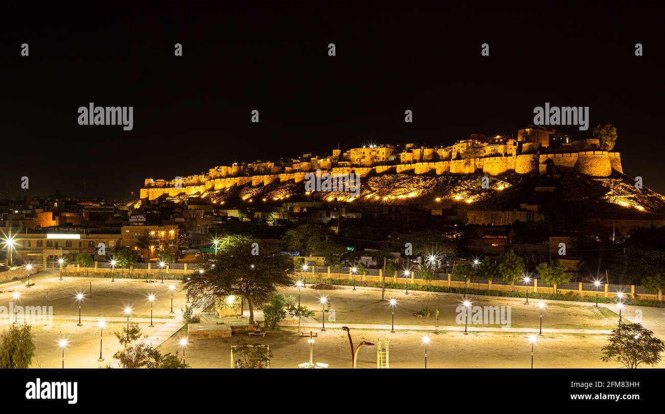 a beautiful view of jaisalmer fort at night. Stock Photo