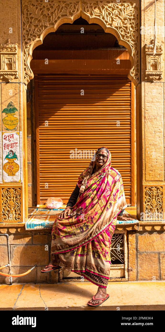 portrait of a aged lady at streets of jaisalmer. Stock Photo