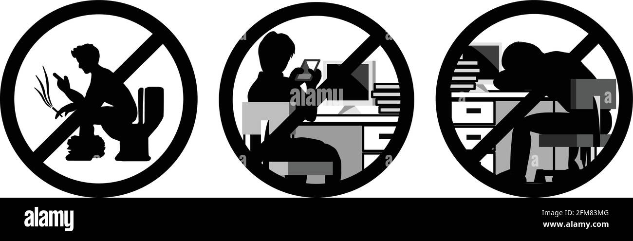 The vector of three pictures that showing about signs of do not play  the phone during working hours. Do not sleep during work, And no smoking in the Stock Vector