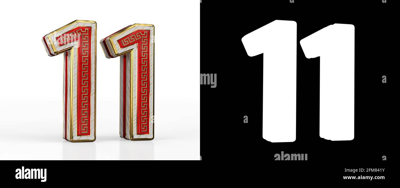 Number eleven (number 11) with red transparent stripe on white