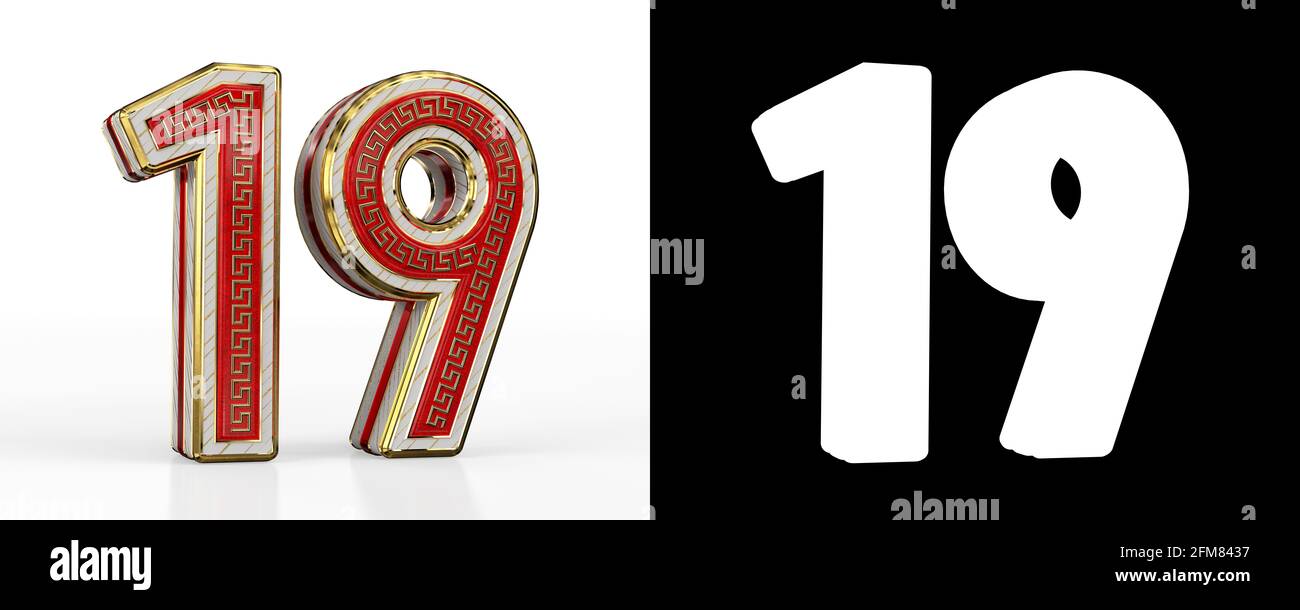 Number nineteen (number 19) with red transparent stripe on white