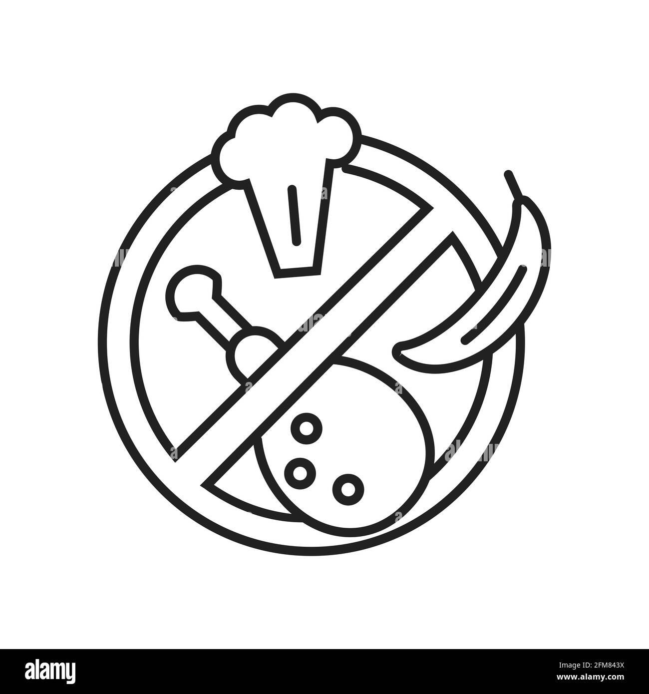 Stop food , no eating icon vector in line, outline style.Chicken leg grill, banana, broccoli are shown. Fast month. Stock Vector