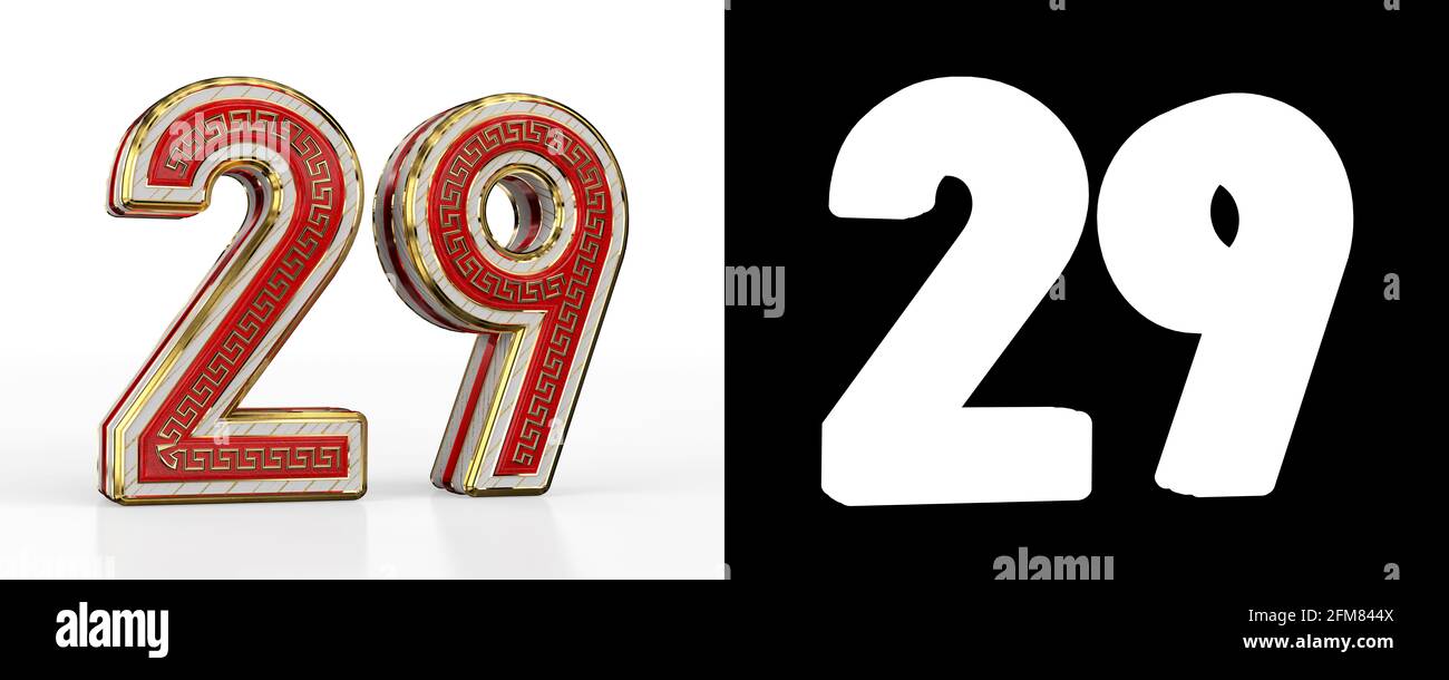 Red number 29 (number twenty-nine) with golden symbols