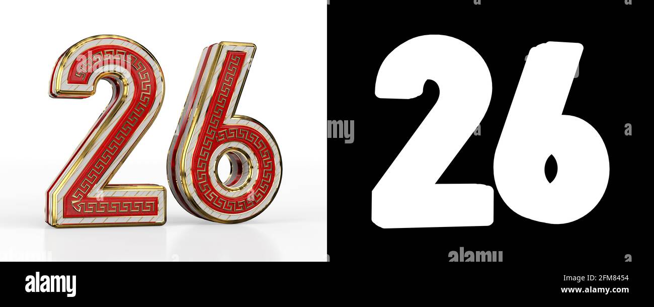 Number twenty-six (number 26) with red transparent stripe on white ...