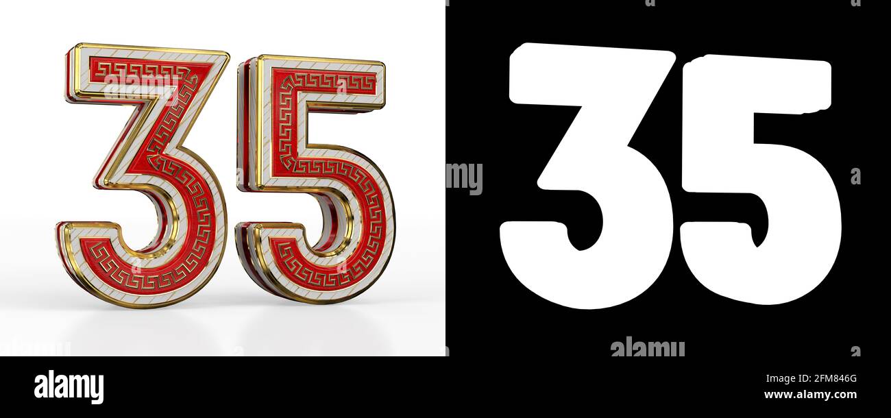 Number thirty-five (number 35) with red transparent stripe on white