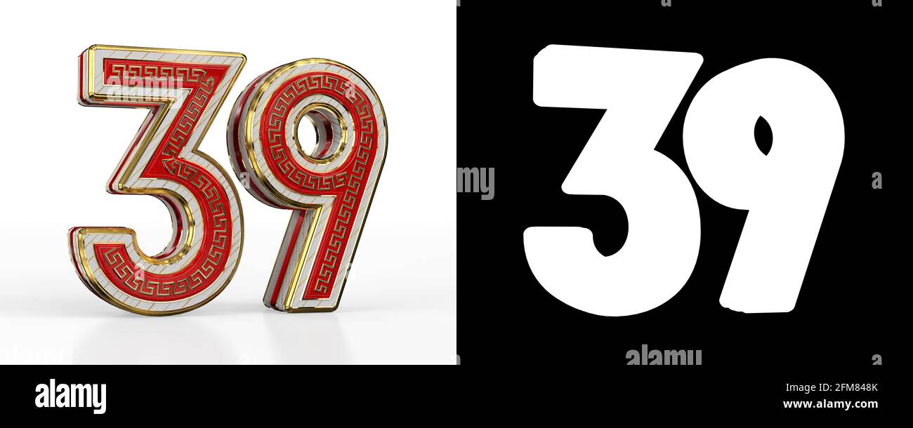 Number thirty-nine (number 39) with red transparent stripe on white background, with alpha channel. 3D illustration Stock Photo
