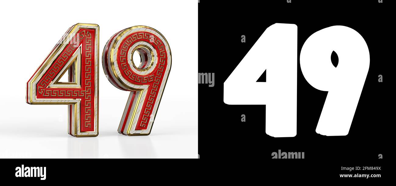Number forty-nine (number 49) with red transparent stripe on white background, with alpha channel. 3D illustration Stock Photo
