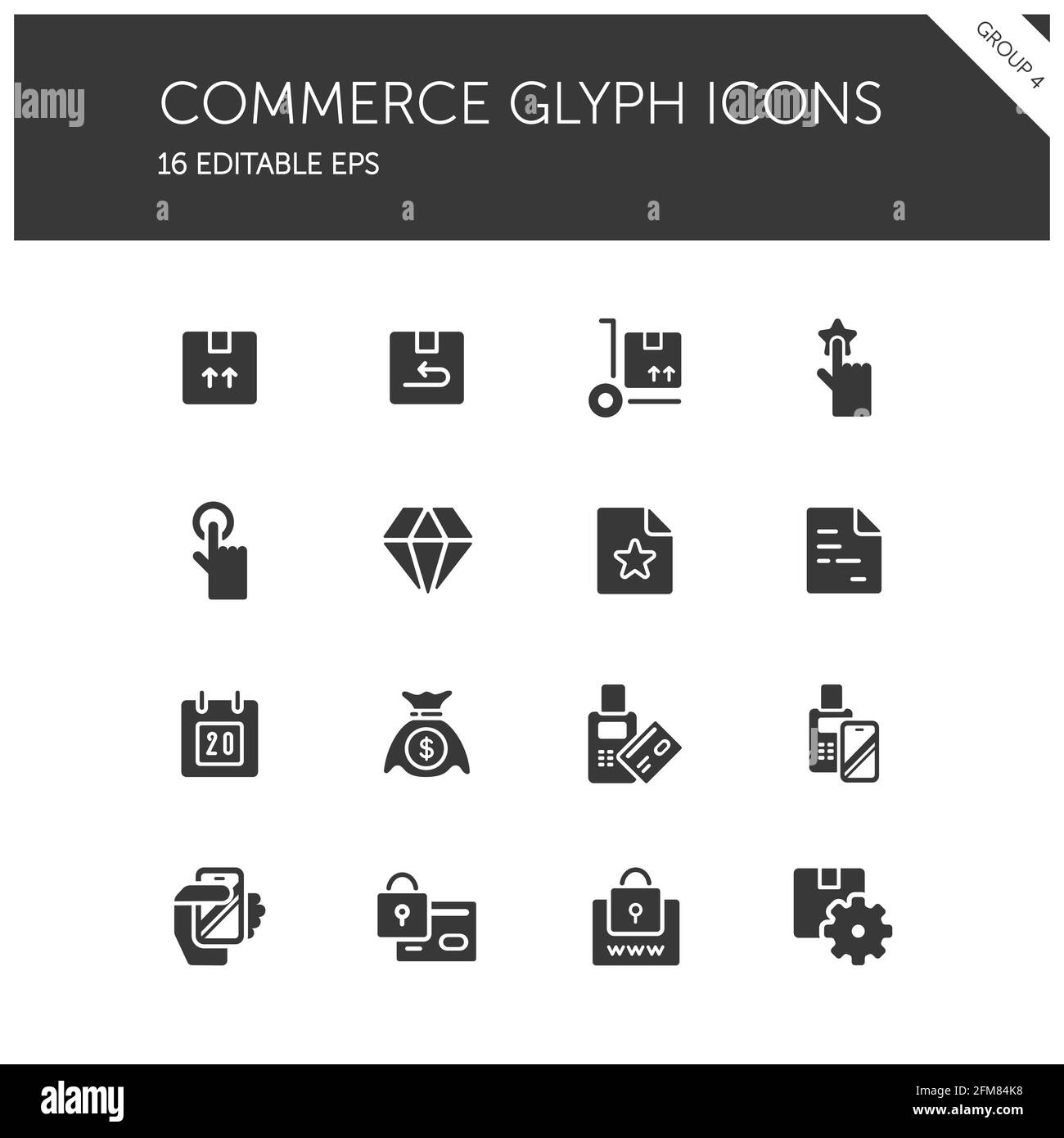 Commerce. Box, diamond, hand, swiping machine, security, money and calendar group on white background. Isolated icon set. Glyph vector illustration Stock Vector